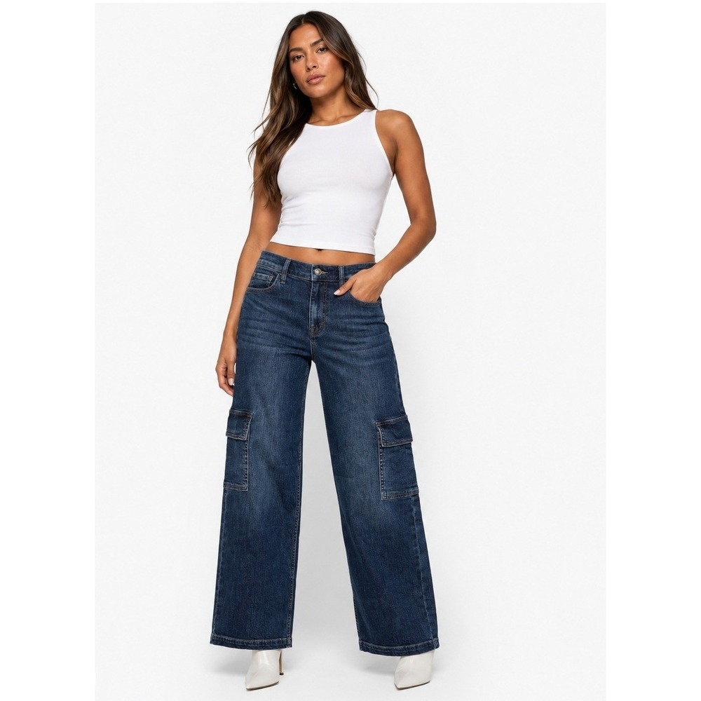 Studio Blue Womens Petite Cargo Wide Leg Jeans Dark Wash Size 25P NWT